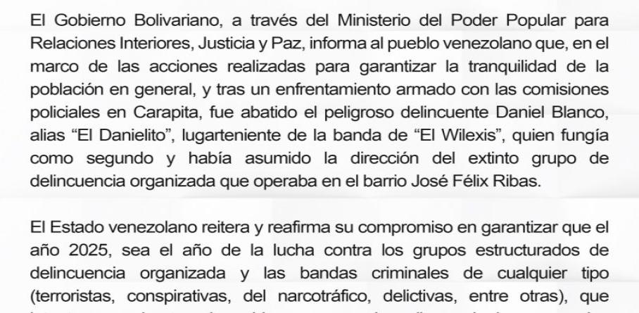 NEUTRALIZADO ALIAS “EL DANIELITO” EN CARAPITA, CARACAS