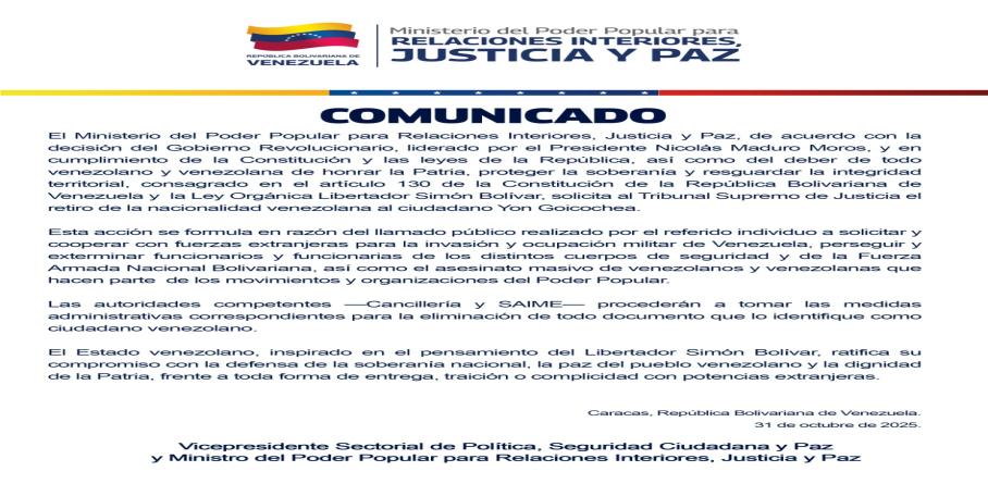 MPPRIJP SOLICITA AL TSJ RETIRO DE NACIONALIDAD VENEZOLANA A YON GOICOCHEA POR ACCIONES CONTRA LA SOBERANÍA