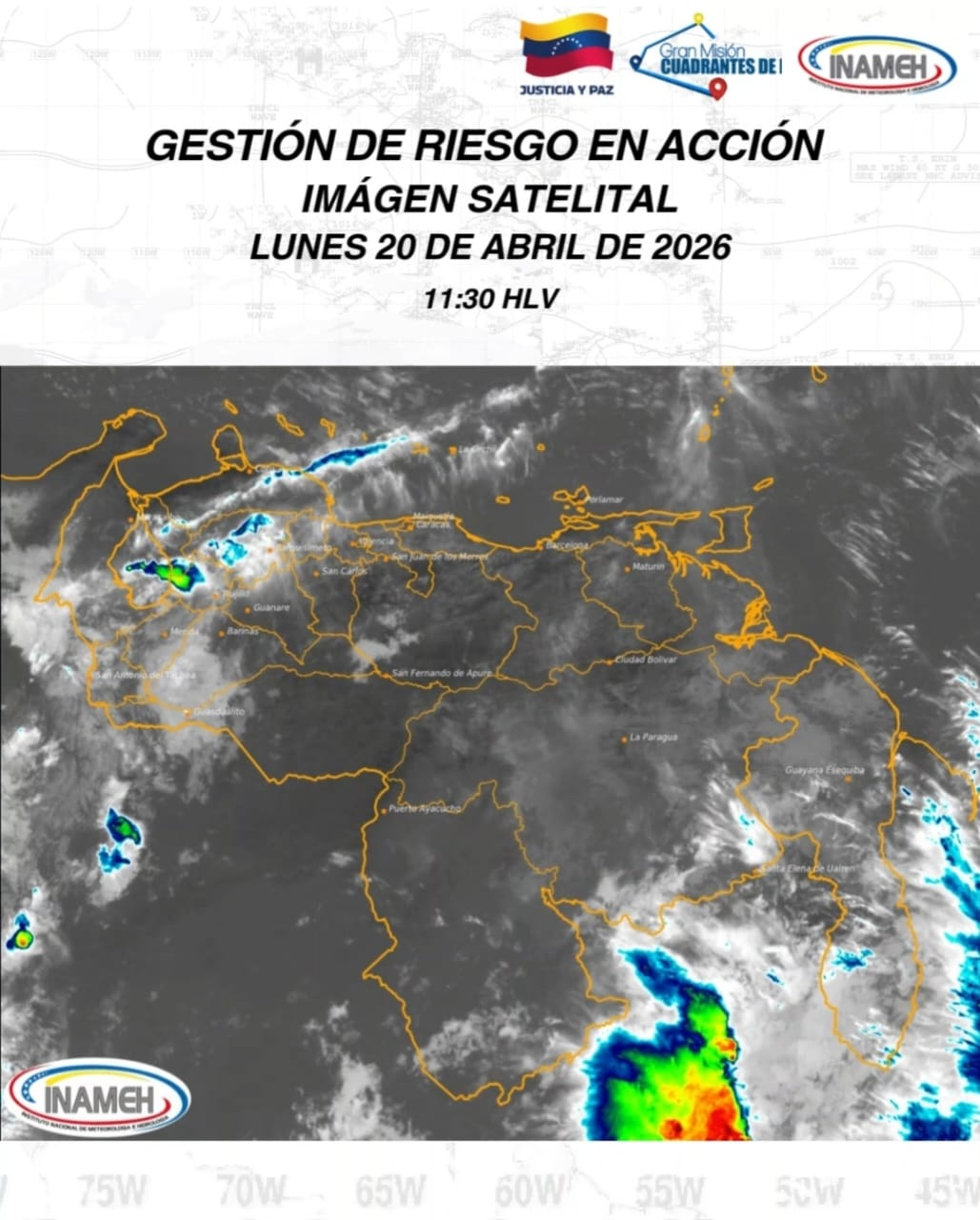 INAMEH ADVIERTE PRESENCIA DE POLVO DEL SAHARA Y LLUVIAS DISPERSAS EN VENEZUELA ESTE LUNES 20 DE ABRIL