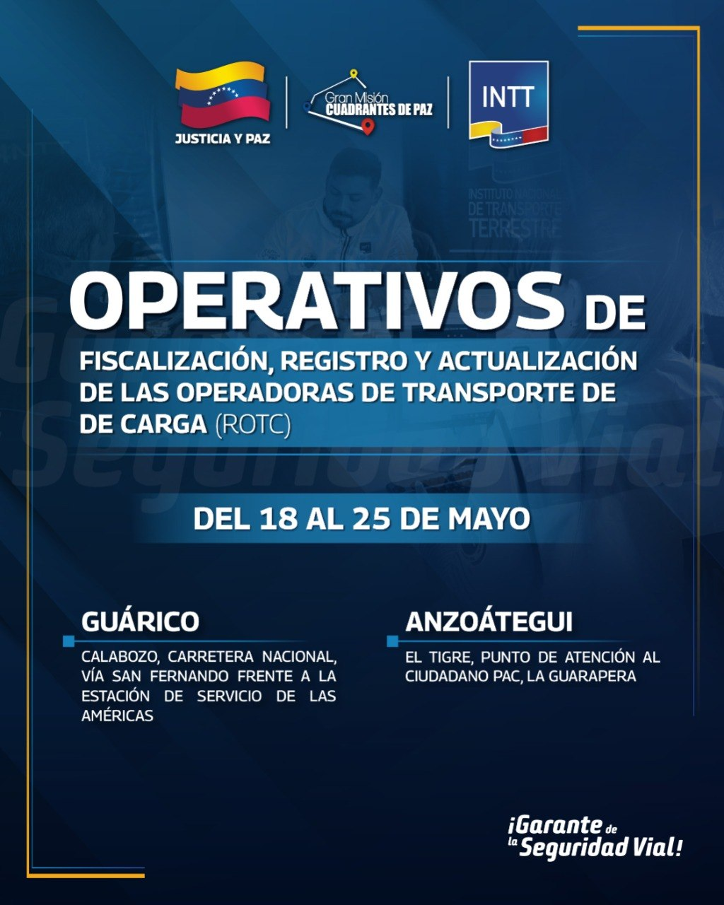 Imagen de INTT REALIZARÁ OPERATIVO DE ROTC EN LOS ESTADOS GUÁRICO Y ANZOÁTEGUI DEL 18 AL 25 DE MAYO