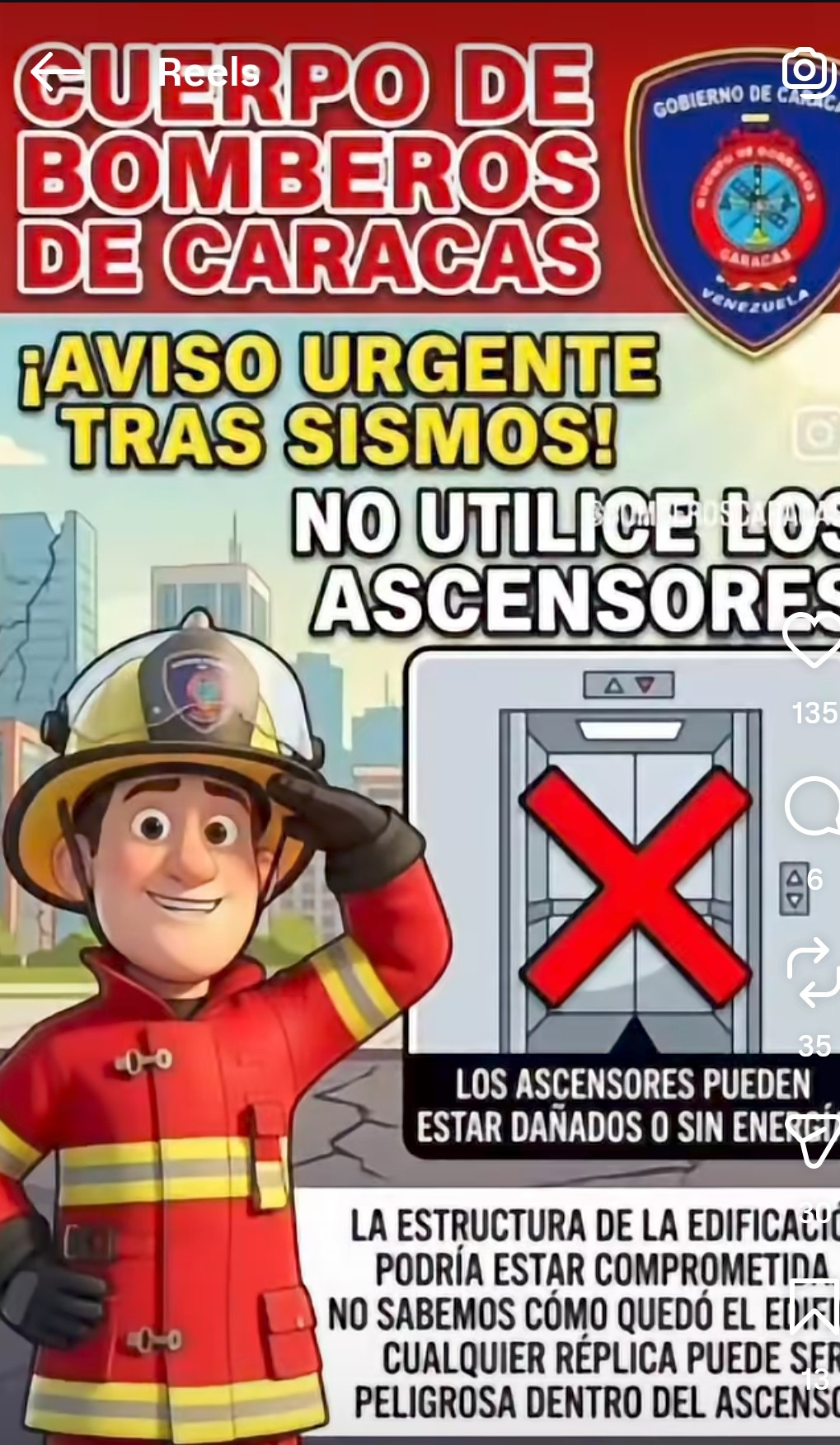 BOMBEROS DE CARACAS EXHORTAN A EVITAR EL USO DE ASCENSORES POR MOTIVOS DE SEGURIDAD ESTRUCTURAL