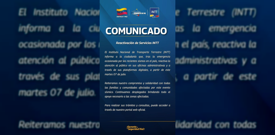 INTT REACTIVA LA ATENCIÓN ADMINISTRATIVA Y LOS SERVICIOS EN LÍNEA TRAS LA EMERGENCIA SÍSMICA