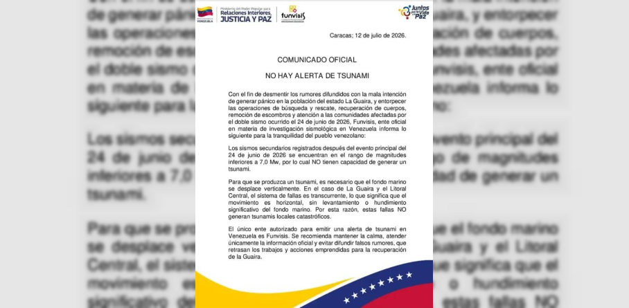 FUNVISIS A TRAVÉS DE UN COMUNICADO RATIFICA QUE "NO HAY ALERTA DE TSUNAMI"
