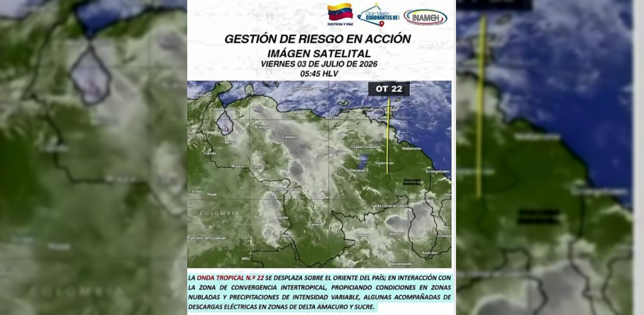 INAMEH REPORTA DESPLAZAMIENTO DE LA ONDA TROPICAL N° 22 SOBRE EL ORIENTE DEL PAÍS Y LLUVIAS EN EL PAÍS